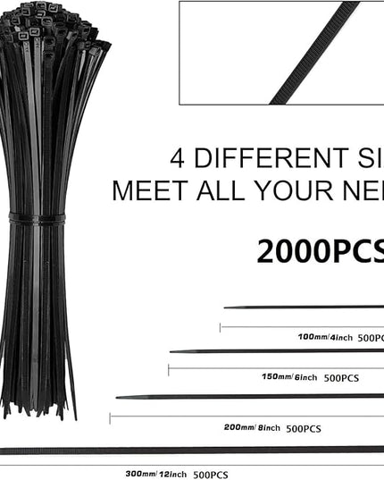 Zip Ties Assorted Sizes(4”+6”+8”+12”), 2000 Pack,Black Cable Ties,Multi-Purpose Self-Locking Nylon Cable Cord Management,Plastic Wire Ties for indoor and outdoor use.