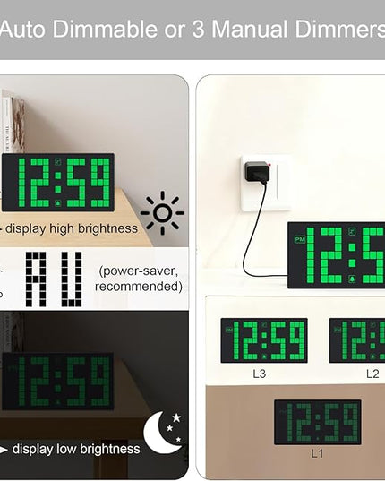 KWANWA Digital Alarm Clock with Auto-Dimmable LED Pixel Display, Weekend Alarm Mode, Plug-in Power with Battery Backup, DST Adjustment, Small Clock for Bedroom Desk (Green LED)