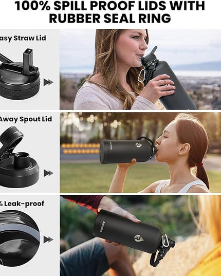 Insulated Water Bottle 87 oz, Triple Wall Vacuum Stainless Steel (Cold for 48 Hrs), Leak Proof & Non-BPA, Modern Water Flask Jug with Paracord Handle & Straw Spout Lids, Magic Black