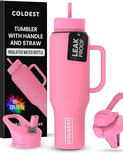 Coldest Tumbler with Handle and Straw, 100% Leak Proof Insulated Tumbler with Lid and Straw (3 Lids), Stainless Steel Tumblers for Women & Men, Cup Holder Friendly, 46 oz (Pink Perfection)