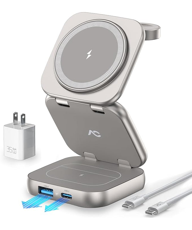 5-in-1 Wireless Charger for MagSafe, AC ISLAND Portable Travel Charging Station, 35W Max Fast Foldable Magnetic Stand, Evolved for iPhone 17-12 & Air Series, Apple Watch, AirPods (with 35W Adapter)