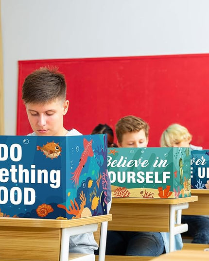 Honoson 24 Pcs Bulk Inspirational Privacy Folders for Students Cardboard Test Privacy Boards Motivational Words Desk Dividers Shield for Classroom School Study Supplies, 6 Styles (Ocean Animal)