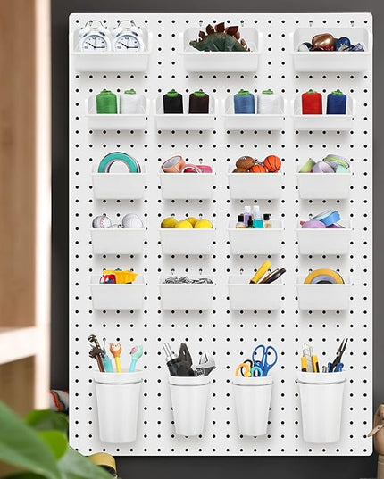 Roowest 60 Pcs Pegboard Cups Pegboard Bins Set, Wall Organizer with Hooks and Loops, Hooks Assortment Organizer Accessory for Office Storage Garage Craft Workshop(White)