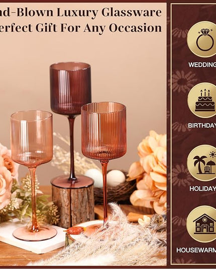 Melanin Colored Square Wine Glasses Set of 6, Elegant Ribbed Design Amber Crystal Glassware with Long Stem, 11.5oz Hand Blown Red & White Wine Stemware For Home Bar Deco,Party,Wine Dinner- Multicolour