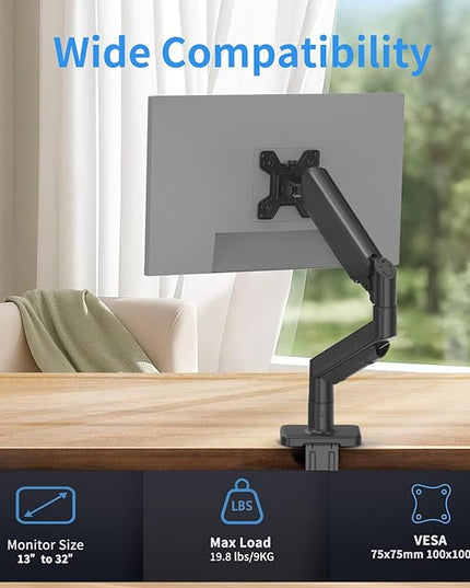 Single Monitor Stand for 13 to 32 inch Screens, Gas Spring Monitor Arm with Swivel, Tilt, Rotation, Height Adjustable, Desk Mount with C-Clamp and Grommet Base, Holds 4.4 to 19.8lbs Screen, Black