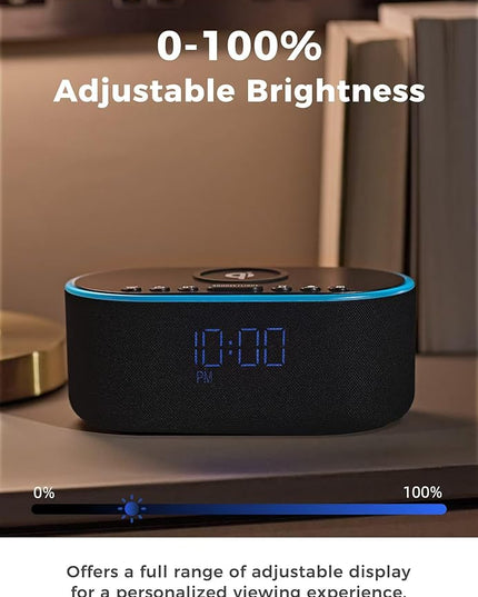 Wireless Charging Alarm Clock Radio: Qi Certified Fast Wireless Charger for iPhone Samsung - 10W Stereo Bluetooth Speaker - Dimmable Digital Clock with FM Radio for Bedroom Black