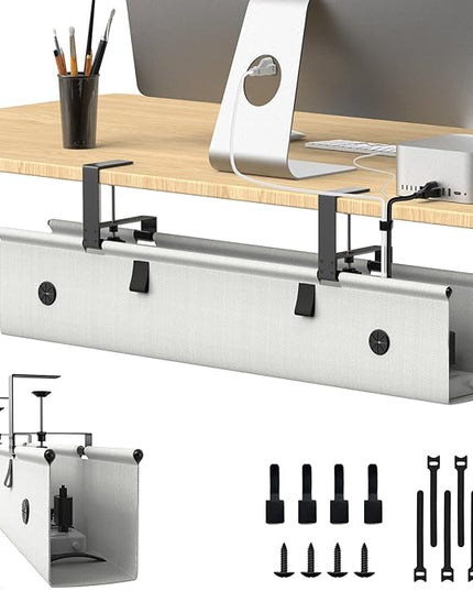 Under Desk Cable Management Tray, 30-inch No-Drill Cord Organizer with Anti-Sag Reinforced Base, Fabric Wire Management Hider for Standing Desk, Office & Gaming Accessories - Grey