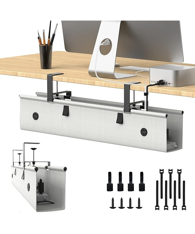 Under Desk Cable Management Tray, 30-inch No-Drill Cord Organizer with Anti-Sag Reinforced Base, Fabric Wire Management Hider for Standing Desk, Office & Gaming Accessories - Grey