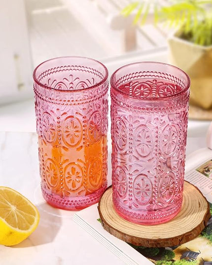 Drinking Highball Beverage Glass Cup, Vintage Drinking Glasses, Colored Glassware Set for Party Wedding Home Office Gift, Set of 4 ,Pink