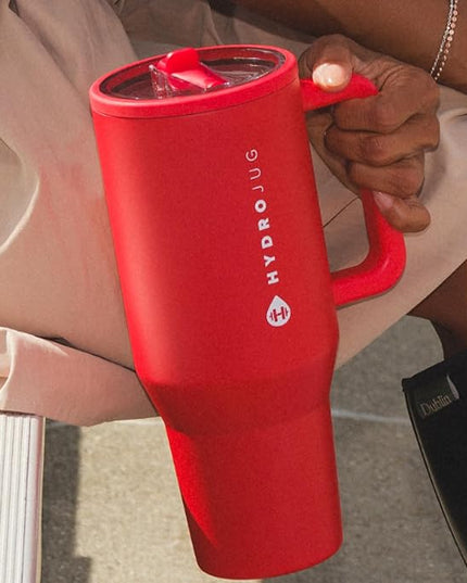 HydroJug Traveler - 32 oz Water Bottle with Handle & Flip Straw - Fits in Cup Holder, Leak Resistant Tumbler-Reusable Insulated Stainless Steel & Rubber Base - Gifts for Women & Men, Alumni Red