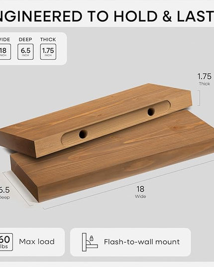 Homeforia 18 inch Golden Oak Floating Shelf, High End Solid Real Wood 18inch Small Floating Shelves for Wall Mounted, Oak Wooden 18in Floating Shelves, Heavy Duty Bracket, 18 X 6.5 X 1.75 in, Set of 2