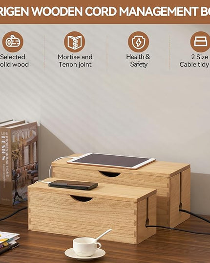 KIRIGEN Cable Management Box Wooden Cord Organizer Hide Power Strip Desk Wires Protector for Home Office TV Computer (DXH2T-NA)
