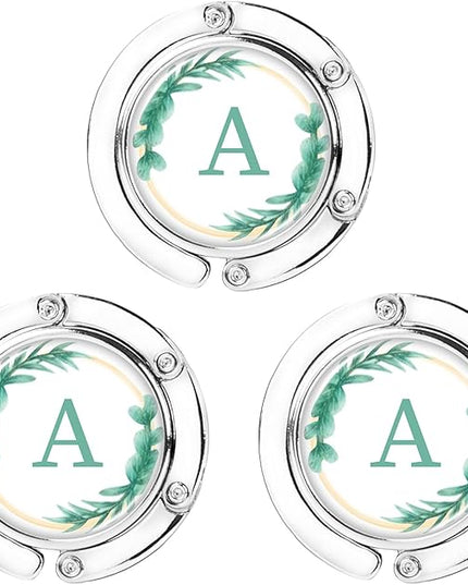 Iqimott 3pcs Personalized Initial Foldable Purse Hook for Table, Flower Letter Folding Handbag Hanger Portable Magnet Table Hook Holder, Collection Desk Purse Hooks for Women Bag (Green-A)