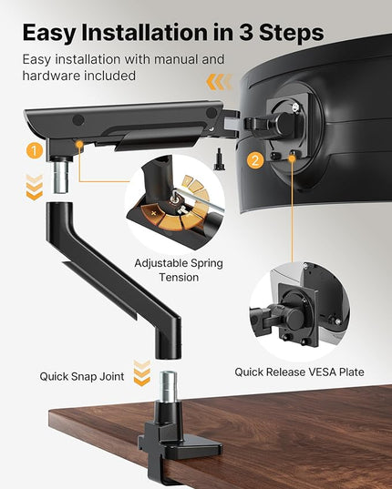 monTEK Sleek Aluminum Monitor Arm for 17–57” Ultrawide Screens up to 59.4 lbs, USB 3.0 A/C, Heavy Duty Single Monitor Arm Desk Mount, Pneumatic Lift, Quick-Release Plate, Clamp/Grommet, VESA 100x100