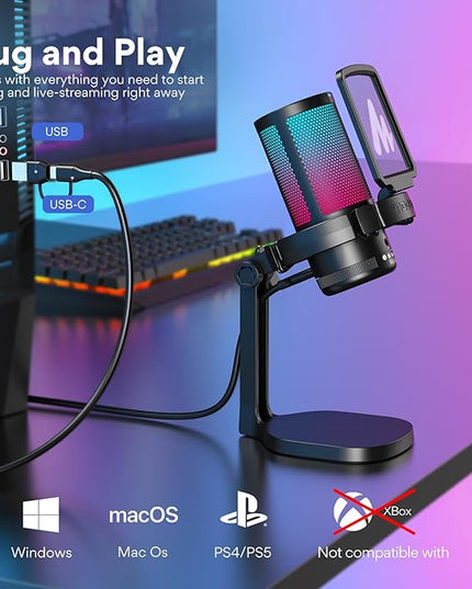 MAONO USB Gaming Microphone for PC, Noise Cancellation Condenser Mic with RGB Lights, Mute, Gain for Streaming, Recording, Podcast, Chat, Twitch, YouTube, Discord, Computer, PS5, PS4, GamerWave