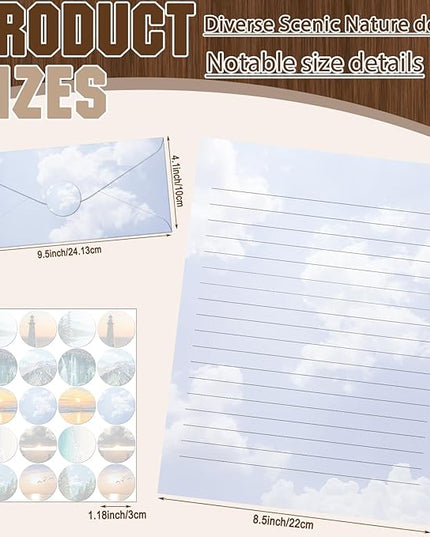 TaoBary 160 Pcs Stationery Paper Set 50 Double Sided Stationery Papers with 50 Matching Envelopes and 60 Round Dot Sticker, 10 Design(Natural Scenery,8.5 x 11 Inch)