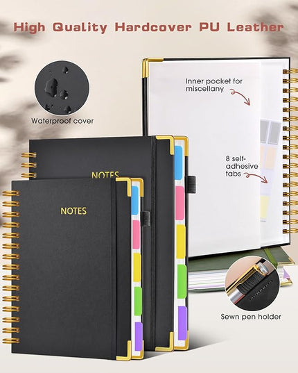 Hardcover Spiral Notebook journal with Removable Dividers Tabs, 300 Pages Leather 5 Subject Notebook College Ruled, 100GMS A5 Notebooks for Work School Note taking,Lined Journal for Women,A5-Black