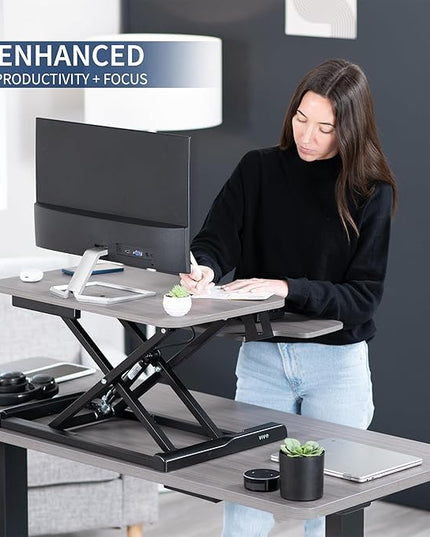 VIVO 26 inch Desk Converter, K Series, Height Adjustable Sit to Stand Riser, Dual Monitor and Laptop Workstation with Keyboard Tray, Gray Top, Black Frame, DESK-V026KG