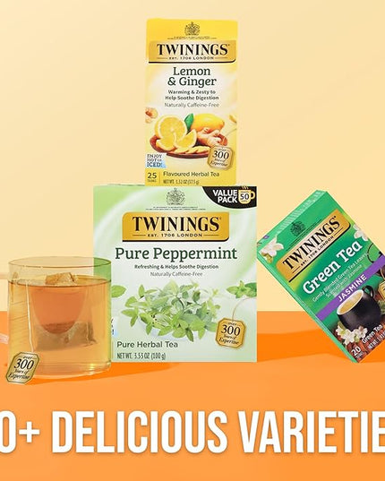 Twinings Lemon & Ginger Herbal Tea Individually Wrapped Bags, 25 Count (Pack of 6), Spicy Ginger, Lemon Peel, & Lemongrass, Naturally Caffeine-Free, Enjoy Hot or Iced, 150 Teabags