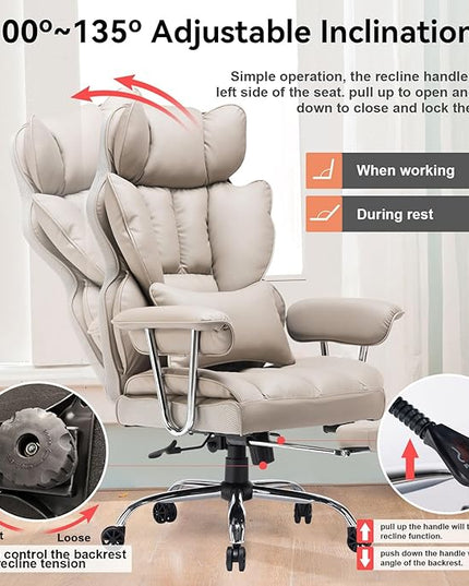 Efomao Big and Tall Office Chair 400lbs – PU Leather Executive Office Chair with Lumbar Support & Leg Rest, Heavy-Duty Computer Chair for Home Office, Grey