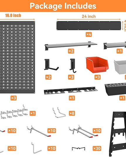 WALMANN 113 PCS Pegboard Wall Organizer Kit with Pegboard Hooks, Bins, Shelves, Pegboard Tools Storage System for Garage, Workbench, Modular Peg Board Tool Organizer Board with Hooks(Black)