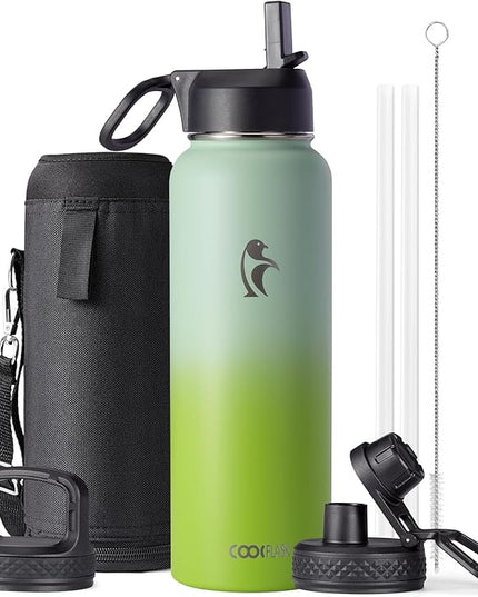 Water Bottle 40 oz Insulated with Straw&Brush, Coolflask Vaccum Stainless Steel Metal 3 Lids Water Flask for Sports, Gym or Office, Keep Cold 48H Hot 24H, Ombre Green
