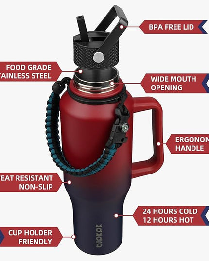 BJPKPK Insulated Water Bottles with Straw Lid, 35oz Metal Water Bottle with 2 lids & Paracord Strap, Double Wall Stainless Steel Tumbler with Handle, Reusable Cups, Mugs, Thermo, Charming Red
