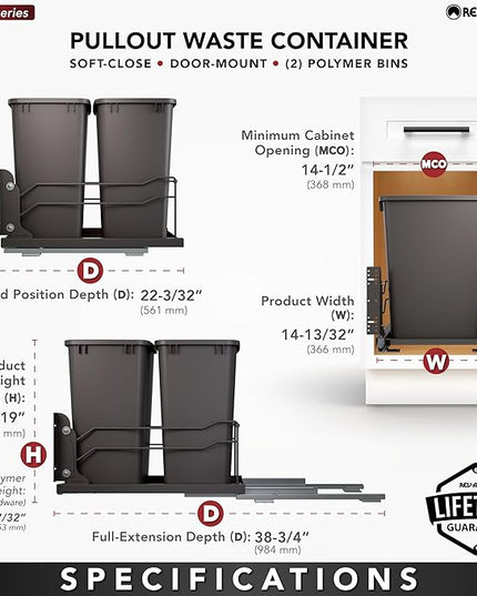 Rev-A-Shelf Double Pullout Trash Cans for Under Kitchen Cabinets 35 Quart 8.75 Gallon with Soft-Close Slides, Orion Gray, 53WC-1835SCDM-213