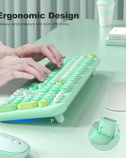 MOFII Wireless Keyboard and Mouse Combo, Full Size 2.4G Plug and Play Typewriter Retro Round Computer Keyboard and Mouse Set for Windows, Computer, Desktop, PC, Notebook - (Green Colorful)