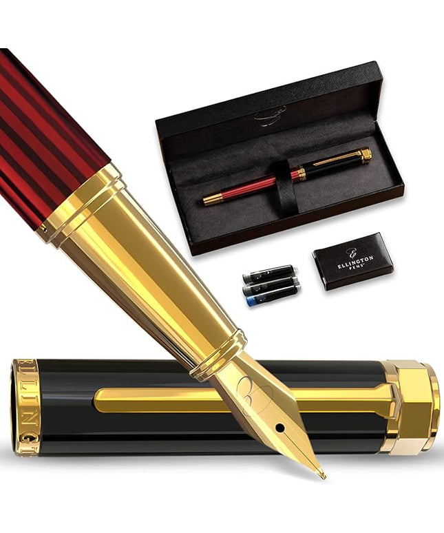 Ellington Pens Luxury Fountain Pen Set - Smooth Medium Nib - Includes 3 Ink Cartridges, Refillable Ink Converter, Gift Box-Fountain Pens For Writing, Calligraphy, Journaling, Sketching (Crimson Blend)