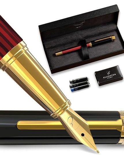Ellington Pens Luxury Fountain Pen Set - Smooth Fine Nib - Includes 3 Ink Cartridges, Refillable Ink Converter, Gift Box-Fountain Pens For Writing, Calligraphy, Journaling, Sketching (Crimson Blend)