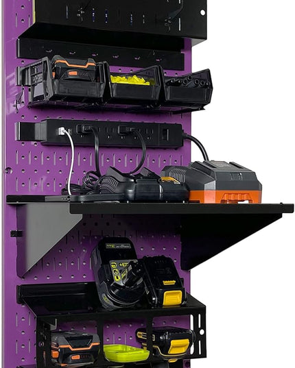 Wall Control Power Tool Storage Organizer Kit Cordless Drill Holder Charging Station Rack 16” x 32” Metal Pegboard Organization System (Purple Pegboard)