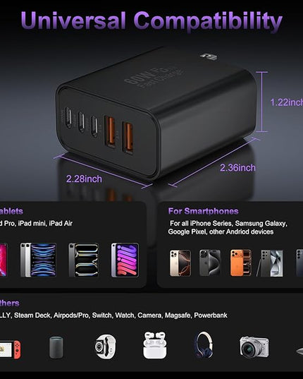 USB C Fast Wall Charger Block, 2Pack 60W USBC Charging Cubes, 5-Port PD+QC Power Adapter Multiport Brick Type C Box Plug for Phone 16/15/14/13/12/11/Pro Max/Plus, Pad Mini/Pro/S25/S24-Black