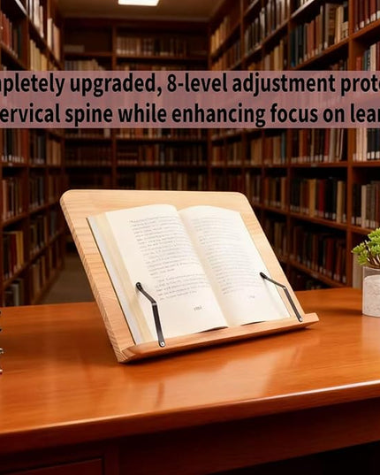 Bamboo Book Stand, Adjustable Reading Rest Holder, Natural Wood, Desktop Document Stand for Reading, Cooking (11x7.9inch)
