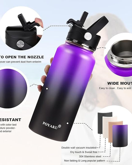 Water Bottle Insulated 32oz 40oz 64oz 128oz Straw Lid Spout Lid & 3 Lids, Leak Proof, Vacuum Insulated,Stainless Steel Water Bottle Wide Mouth for Sports, Gym or Office