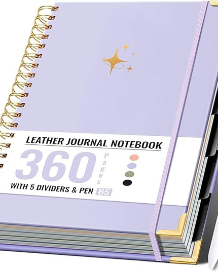 FLYING EAGLE Leather Spiral Notebooks for Work 5 Subject Notebook College Ruled with Dividers Pen, 360 Pages B5 Hardcover Lined Journals for Women Men Writing,Purple