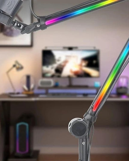 Desk Microphone Arm Stand, 360 Degree Adjustable Metal Boom Arm Mic Desk Stand with RGB Light for Live Gaming Broadcasting Recording, Singing and TV Stations