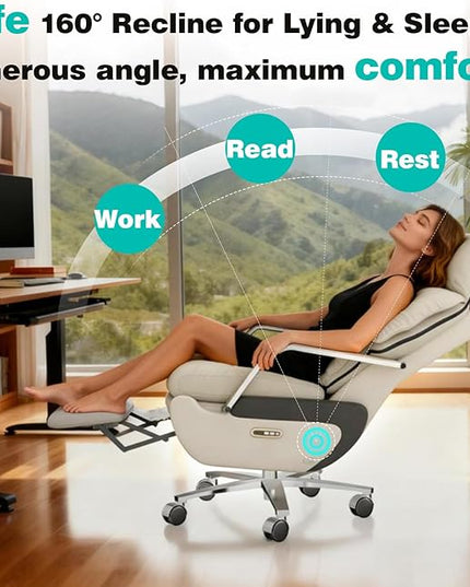Dual Motor Executive Home Reclining Office Chair with Footrest - One-Click Electric Recline with Massage & Pillow Support Big and Tall PU Leather Ergonomic Desk Chair, High Back Wide Seat (White)