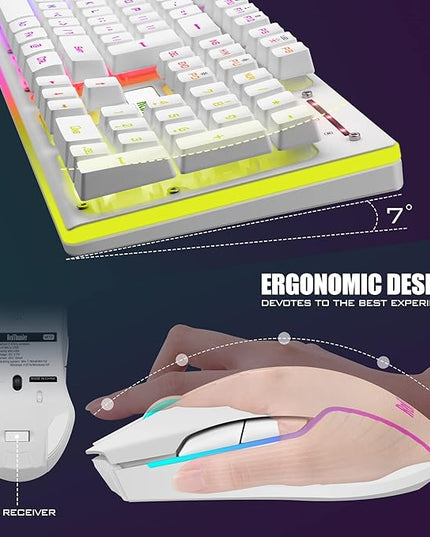 RedThunder K10 Wireless Gaming Keyboard and Mouse Combo, LED Backlit Rechargeable 3800mAh Battery, Mechanical Feel Anti-ghosting Keyboard + 7D 3200DPI Mice for PC Gamer (White)
