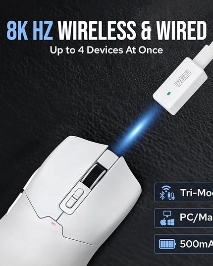 EPOMAKER Click Gaming Mouse Wireless 2.4Ghz/BT/Type-C, 800 to 42,000 DPI Adjustable, 8K Polling Rate, 500mAh, Lightweight Optical Mouse, for PC/Mac/Linux (White)