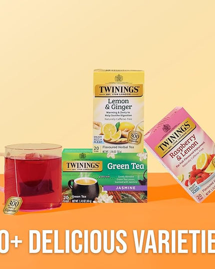 Twinings Raspberry & Lemon Herbal Tea Individually Wrapped Bags, 20 Count (Pack of 1), Unsweetened, Refreshing & Fruity, Naturally Caffeine-Free, Enjoy Hot or Iced, 20 Teabags