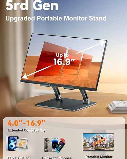 tounee Tablet Holder Stand, Dual Rod Adjustable Aluminum Desktop Stand, Compatible with 4.7-16.9" iPads, Surface Tablets, Portable Monitors, Kindle & More (Gray)