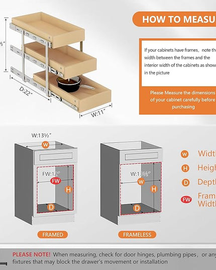 WelFurGeer 3-Tier Pull Out Cabinet Organizer with Soft Close, Heavy-Duty Slide Out Drawers for Cabinets, Pull Out Drawers for Cabinets, Bottom Mount Shelves for Kitchen, Pantry, Bathroom
