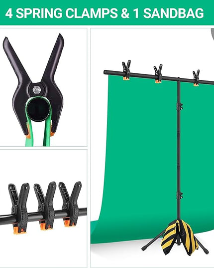 T-Shape Portable Backdrop Stand, 6.5x3.2ft Adjustable Photo Background Stand Kit, Sturdy Small Back Drop Holder with 4 Spring Clamps, Carry Bag for Parties, Photography and Video Studio