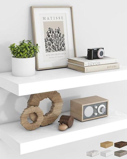 RICHFOCUS 24Inch Floating Shelves for Wall 2 Pack Shelves for Bedroom|Kitchen|Bathroom Wall Mounted Rustic Wood Floating Shelf with Invisible Brackets for Books|Storage|Decor, White
