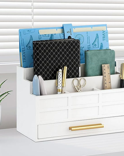 dreampossible white Wood Desk Organizer and Accessories with Drawer, Bill Mail Organizer and File Mail Holder for Office Supplies, Rustic Desk Accessories & Workspace Organizers for Desk Organization