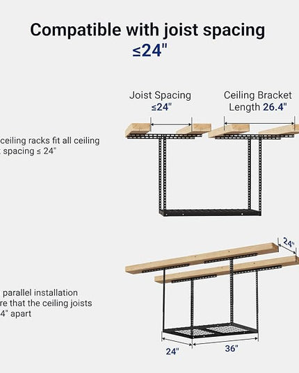 FLEXIMOUNTS 2x3 Overhead Garage Storage Rack, Adjustable Organization System, Heavy-Duty Metal Ceiling Racks, 155lbs Weight Capacity, Black, Classic Series