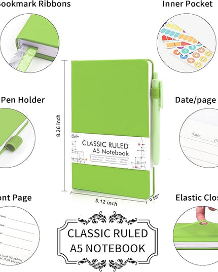 feela 12 Pack Notebooks Journals Bulk, Hardcover Notebook Classic Ruled Lined Journals with Pen Holder for Women Girls School Business Supplies, with 12 Black Pens, 120 GSM, 5.1”x8.3”, A5, Green