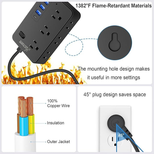 20FT Extension Cord with Multiple Outlets, Asamoom 20 ft Surge Protector Power Strip with 6 Outlets with 4 USB Ports(1 USB C)，Flat Plug with Long Cord 1700 Joules Protection for Home Office Black