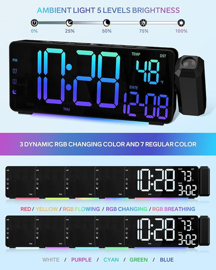 Projection Alarm Clocks, RGB Desk Clock with 180° Rotatable Projector 15 Color Display, Date Temperature and Weekday, DST, Snooze, Ambient Lighting for Living Room,Bedroom Bedside Office Decor